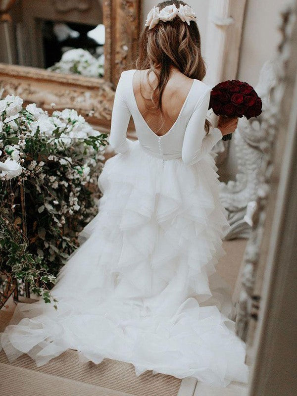 Wholesale A-Line/Princess Tulle Ruffles Scoop Long Sleeves Sweep/Brush Train Wedding Dresses